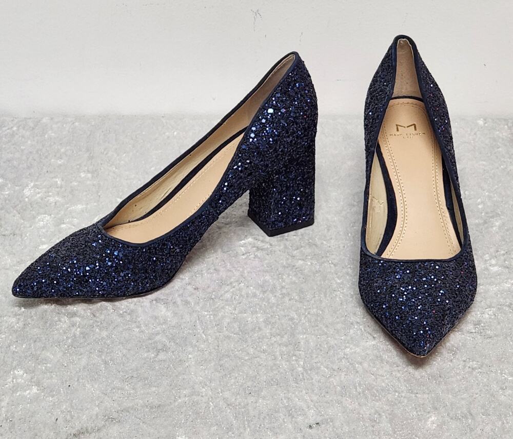 MARK FISHER LTD Zala Dark Blue Glitter Block Heel Pump-Size 7M